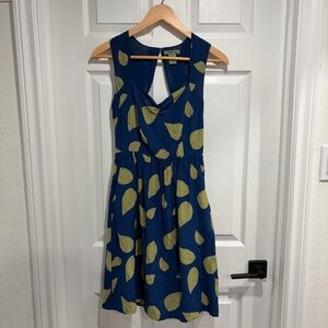 Anthropologie ‘Maple’ 100% Silk Leaf Print Dress in Navy Blue